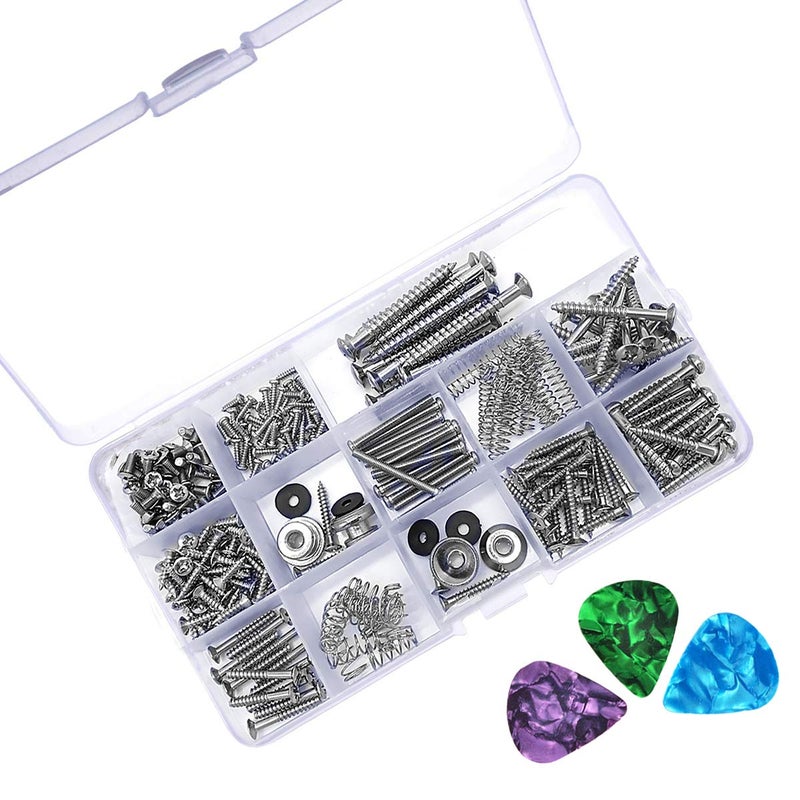 Amadget 256 Pieces Electric Guitar Screw Kit Assortment Box for Electric Guitar Bridge, Pickup, Pickguard, Tuner, Switch, Neck Plate, with Springs, 3 Pcs Random Color Picks (9 Types, Chrome) - Image 1